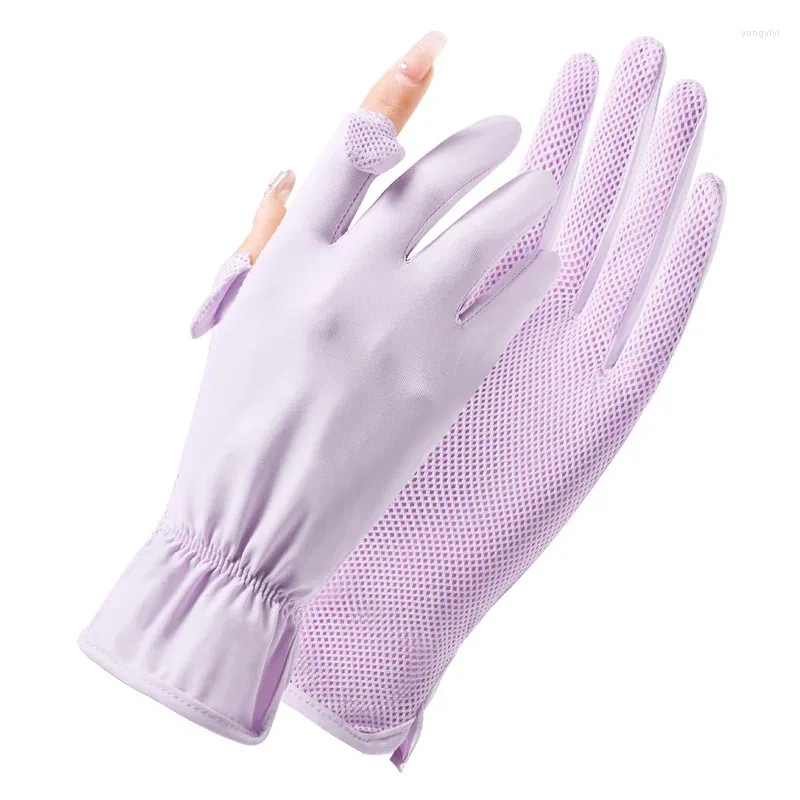 Gants de cyclisme à deux doigts pour femmes, en soie glacée, à rabat, doigt complet, pour l'extérieur, mince, pour la conduite et l'équitation, protection solaire