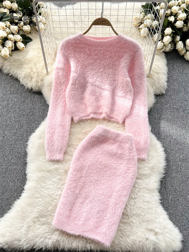 Save Big on Bulk Two Piece Sweater Outfits Piece Outfits Skirt And Top,  Solid Knit Sweater Set: Women's Two Piece Dresses, Long Sleeve O Neck Mini  - Main Image