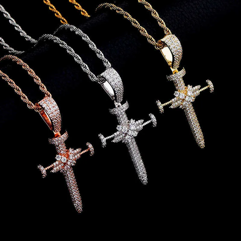 Unisex ins full zirkon nagel kors pendell halsband hip hop punk smycken bling real gul guld glänsande cz sten kubik zirkonia rapper natt klubb party gåvor för män kvinnor