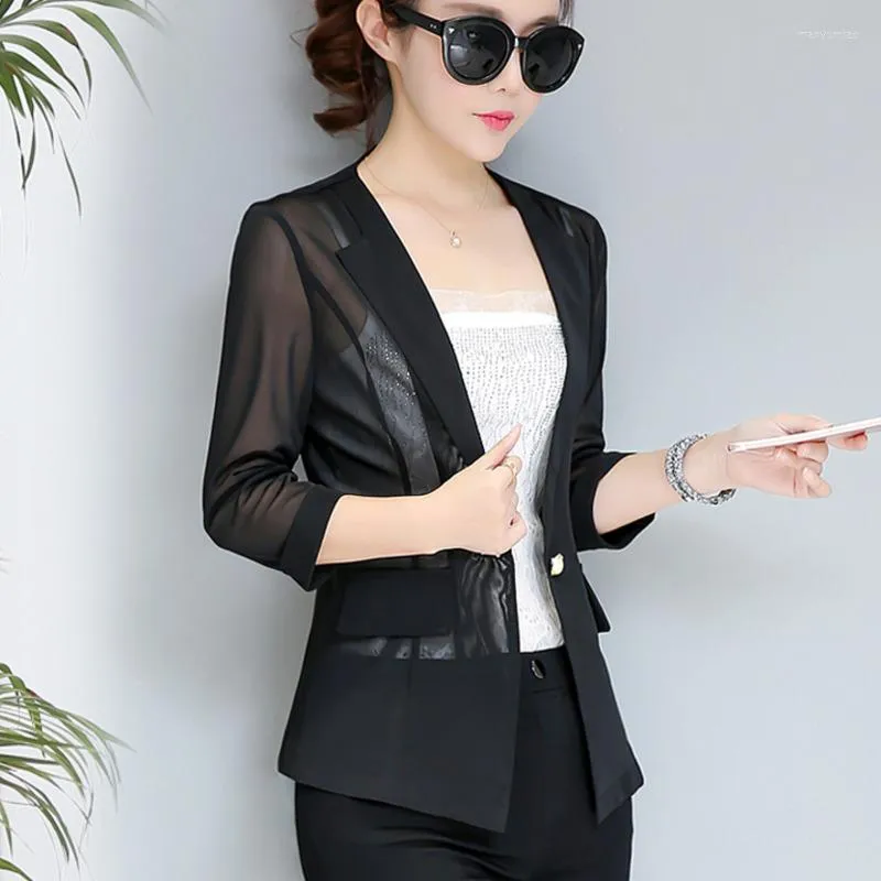 Women's Suits #5202 Black Pink White Short Blazer Woman Sexy See Through Thin Slim Womens Single Button Formal Suit Jackets Summer 2023