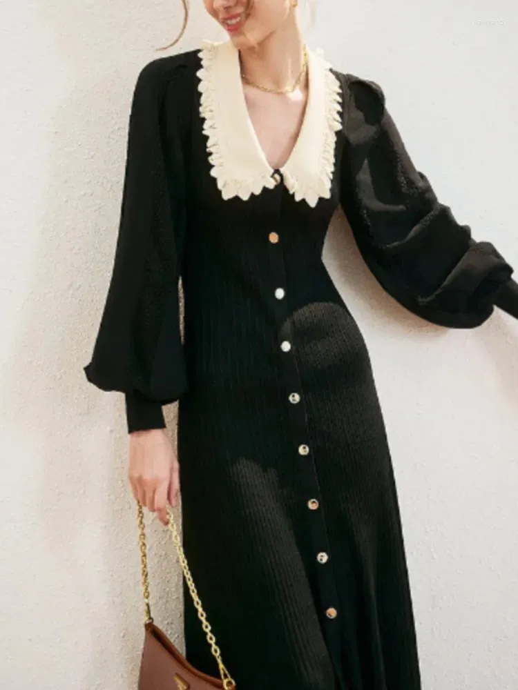 Sukienki swobodne Eleganckie kobiety z długim rękawem Kobiety Czarna jesień vintage Bodycon Slim Midi Vestidos Klasyczna sukienka wieczorowa