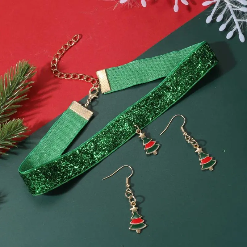 ネックレスイヤリングセットセットクリスマスイヤリングジュエリーシーニンググリーンベルベットチョーカーと女性のお母さんのための木ぶりのペンダント