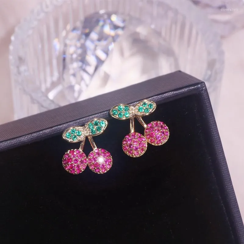 Boucles d'oreilles à tige coréenne douce cerise mignonne pour les femmes filles beaux fruits zircone pierre déclaration bijoux cadeaux