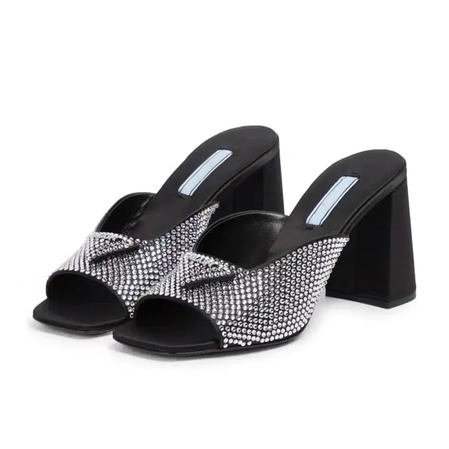 Women luxury Designer High Heels Dress Shoes brand Slippers Mules Slides Footwear Rhinestone real silk Chunky Block Slip-On Open Toe fashion Street Style sandals
