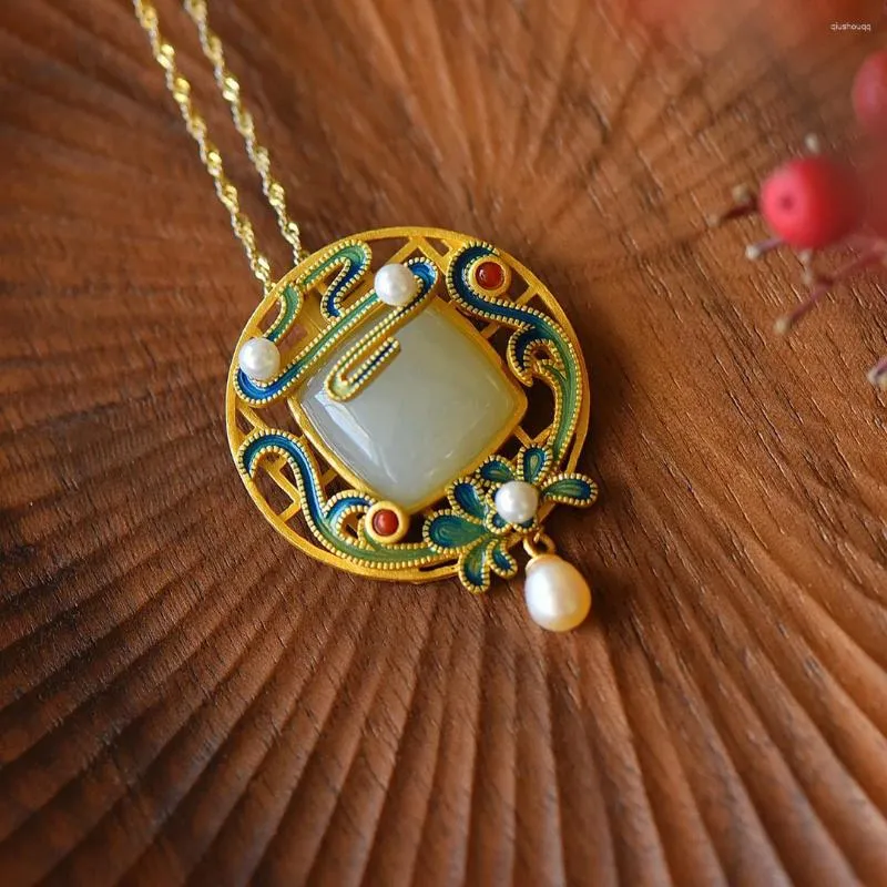 Pendant Necklaces Ancient Method: Copper Gilding Imitation An Jade Female Personality Artistic Enamel Color Painting Chinese