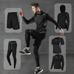 Fashionable sportswear running training set Men`s casual men`s fitness wear shorts quick-drying tights short-sleeved five-piece set