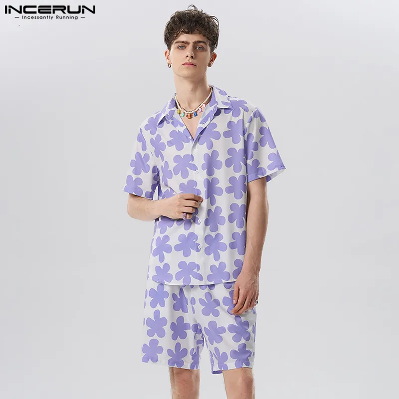 Herren Trainingsanzüge Hawaiian Sets Blumen bedruckt Urlaub Sommer Revers Kurzarm Hemd Shorts 2 STÜCKE Streetwear 2023 Freizeitanzüge INCERUN 230421