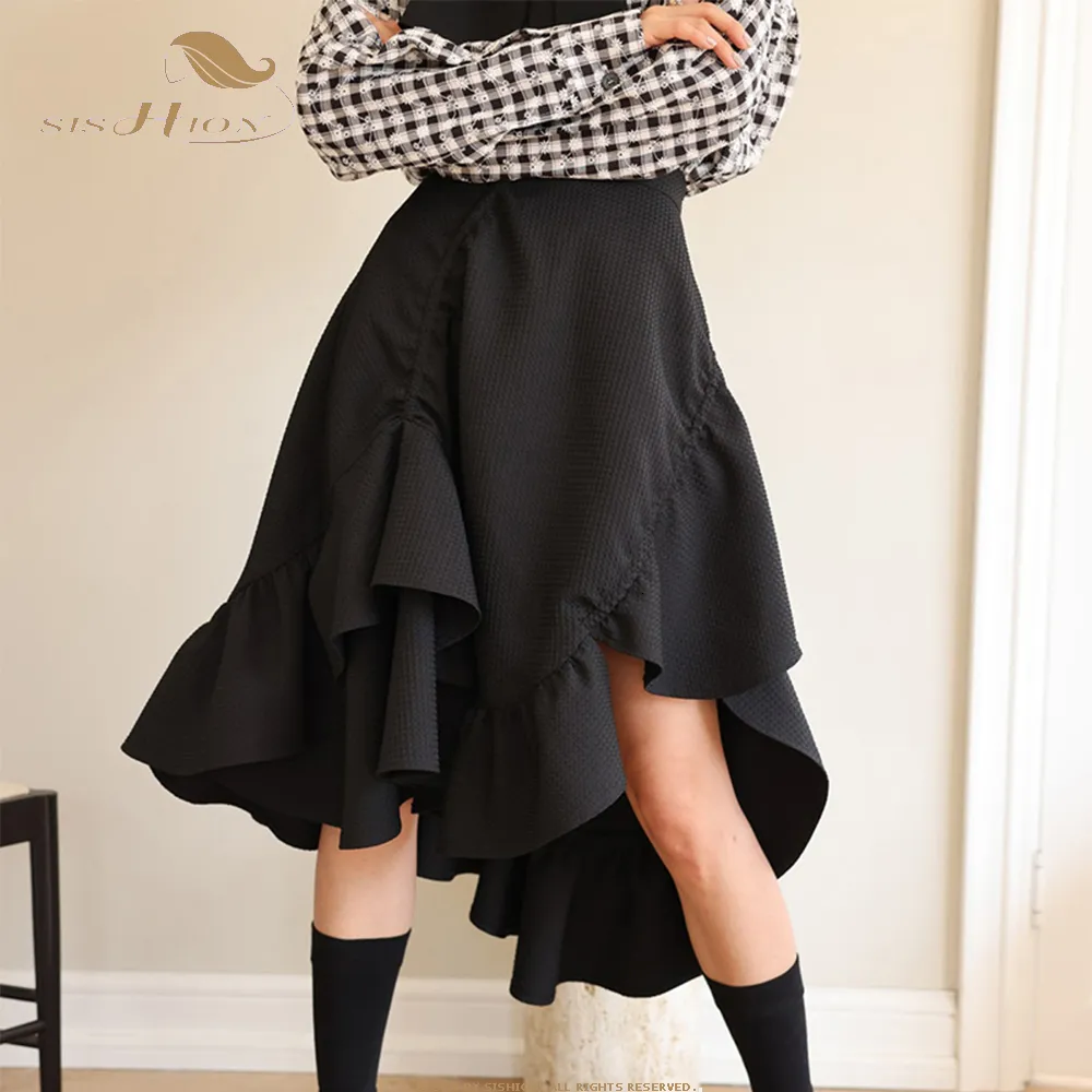 Юбки 2023 Весна летняя корейская черная нерегулярная оборка Midi Fashion Y2K Streetwear Высокая талия Русалка a Line SR333 230420