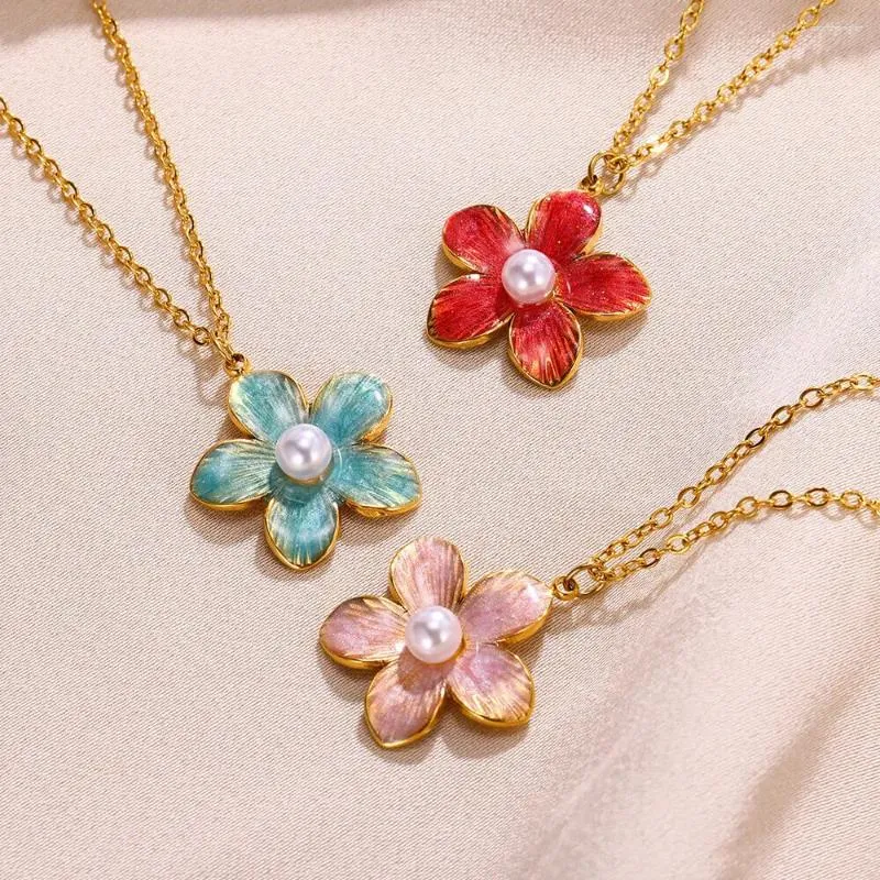 Pendant Necklaces Stainless Steel Flower For Women Gold Color Pearl Pendants Choker Simple Elegant Jewelry Accessories Christmas Gifts