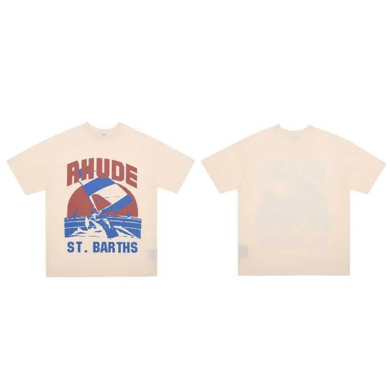 Tasarımcı Moda Giyim Tee Tişörtleri Yelkenli Sörf Baskısı High Street Gevşek Büyük Boy Çift Trend Marka Rhude Kısa Kollu T-shirt Streetwear Gevşek Hip hop Tops