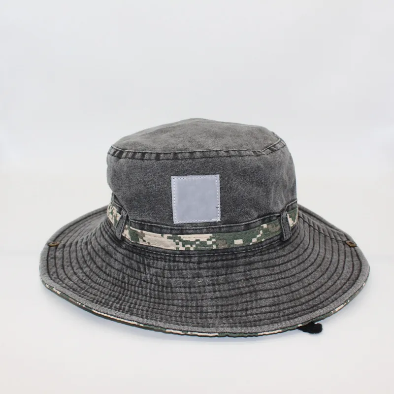 Designer hat washed caps camouflage large brim outdoor sun shade hat men and women tide pot hat foldable windproof rope