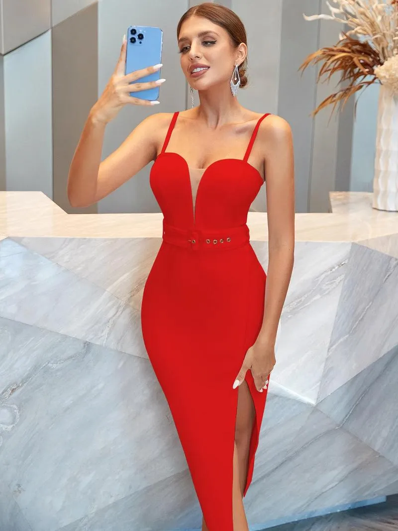 Casual Dresses Red Bandage Dress Women Sexig Spaghetti Strap V Neck Open Leg Kne Length Celebrity Evening Club Party Going Out Out