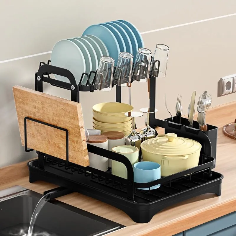 Küche Lagerung Eisen Doppel Abtropffläche Dish Organizer Mit Korb Trocknen Rack Arbeitsplatte Utensilien Zubehör