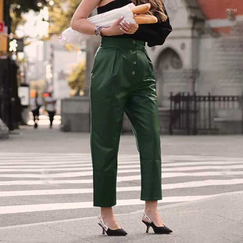 Pantaloni da donna in ecopelle a vita alta moda donna retrò verde PU sexy autunno e inverno lungo rettilineo