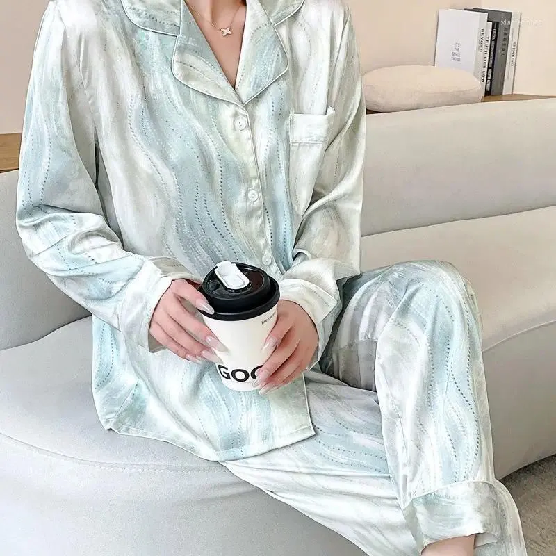 Pijamas femininos primavera e outono pijamas de seda gelo conjunto de manga comprida cardigan botões pijamas femme solto casa lounge wear terno