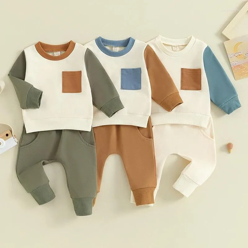 Kläderuppsättningar 2023-09-26 LIORITIIN TODDLER Baby Boy Clothes Fall Outfits Color Block Crewneck Pullover Pocket Sweatshirt Jogger Pants Set Set