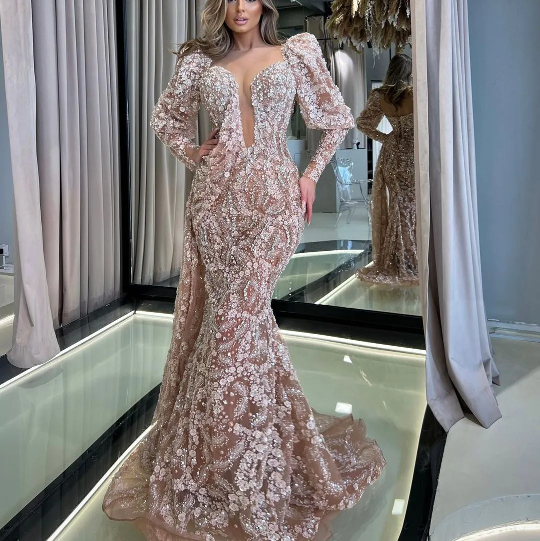 Mermaid Evening Dresses 2024: Lace & Pearls Beaded Sequins V-Neck Long  Sleeve Prom Gown