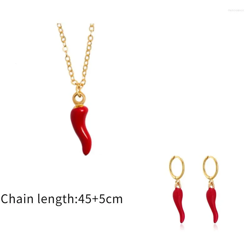 Halskette Ohrringe Set Gefüllte Rote Emaille Nette Chili Anhänger Tropfen Für Frauen Mode Gold Farbe Ketten Halsketten Schmuck