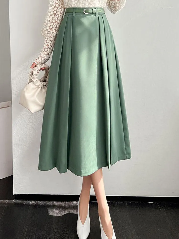 Skirts Fairyshely Vintage High Waist Long Skirt Women 2023 Summer Green Pleated Korean Black Cotton Belt A-line Office Lady