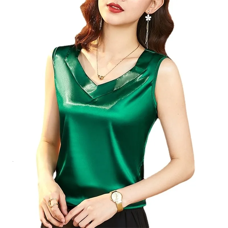 Camisoles Tanks Summer Korean Fashion Silk Tank Top Women Satin Office Lady Tank Top Solid Loose Green Tops for Women 230421