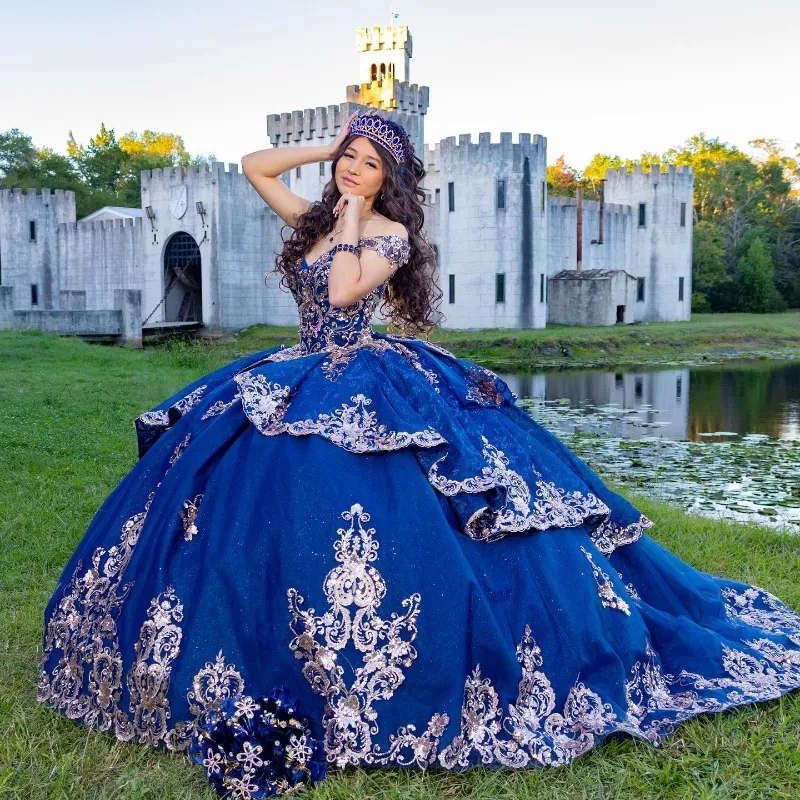 Marineblauw Glanzend Uit de Schouder Quinceanera Jurken Baljurk Corset Applique Kant Kralen Prinses Jurk vestidos de 15 quinceanera