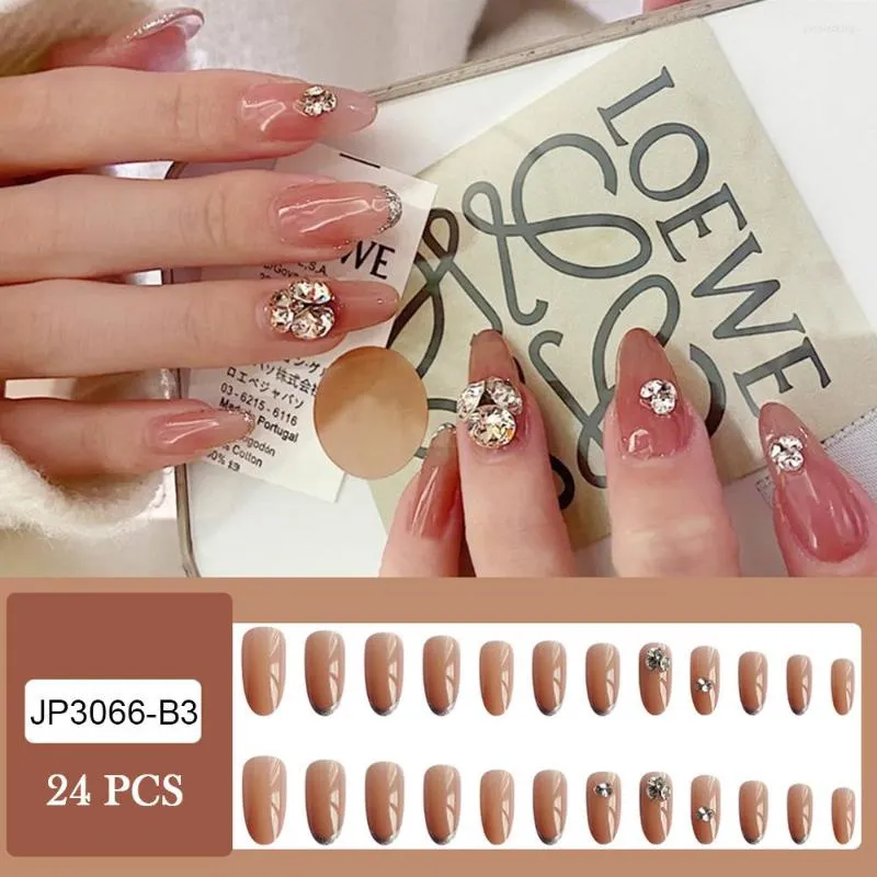 Falska naglar 24st Rhinestone Fake Nail Long Pointed Head Sweet Style Wearable Press On With Jelly Gel/Lim DIN889