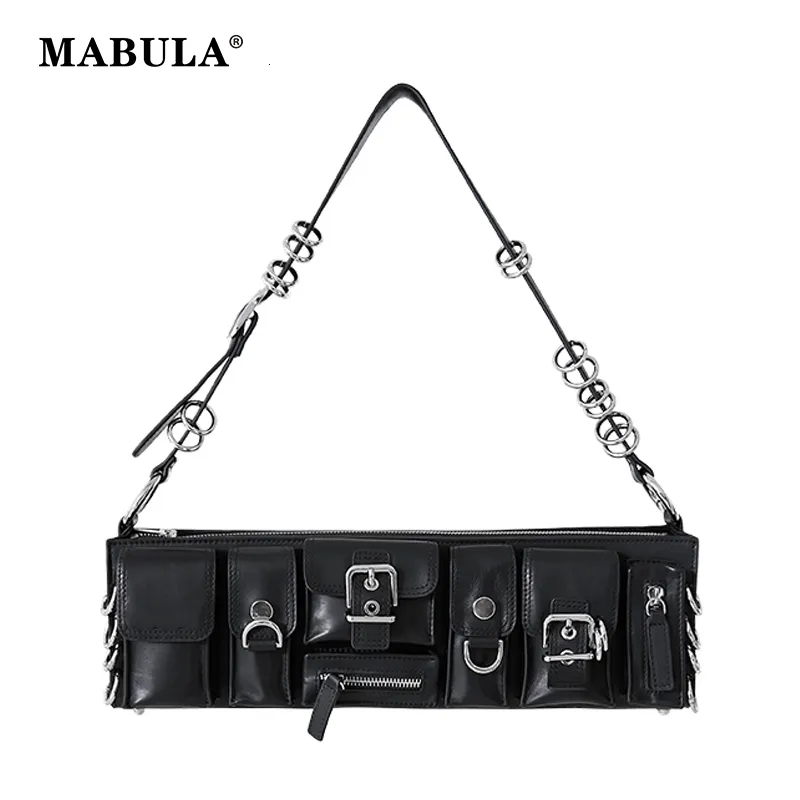 Evening Bags MABULA Vintag Black Underarm Shoulder Bag Punk Stylish Pu Leather Clutch Handbag Retro Rock Unisex Cuboid Purse 230421