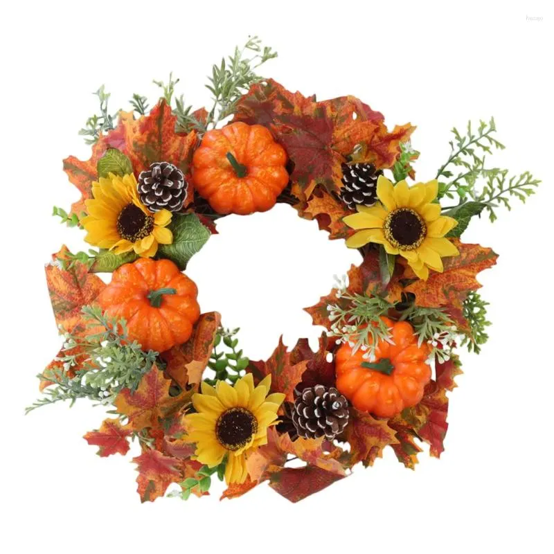 Dekorativa blommor Thanksgiving Wreath Pine Cone främre dörr faller med solros Autumns skörd tacksägningar dekoration