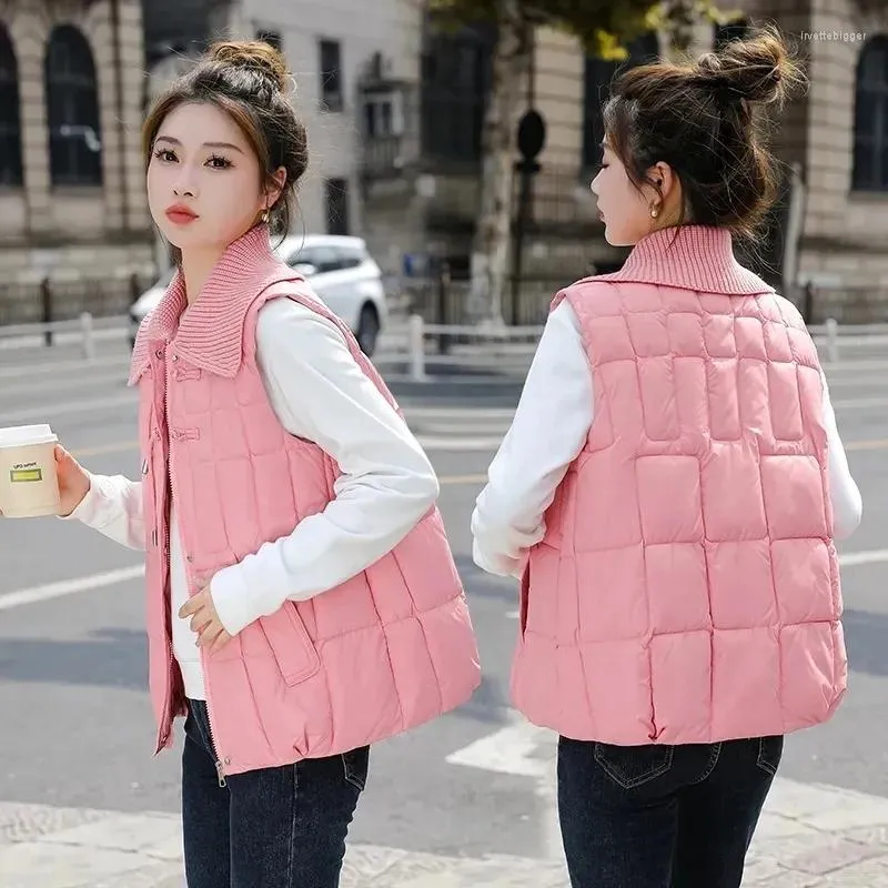 Women's Vests 2023 Autumn Winter Down Cotton Vest Trendy Knitted Big Lapel Quilted Coat Padded Sleeveless Parkas Jacket