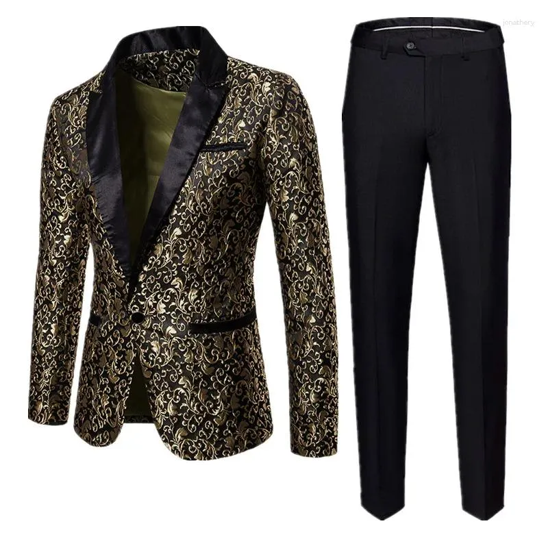 Costumes pour hommes, costume Jacquard d'affaires, deux pièces, noir/or, vin rouge, robe de soirée de mariage, blazer et pantalon