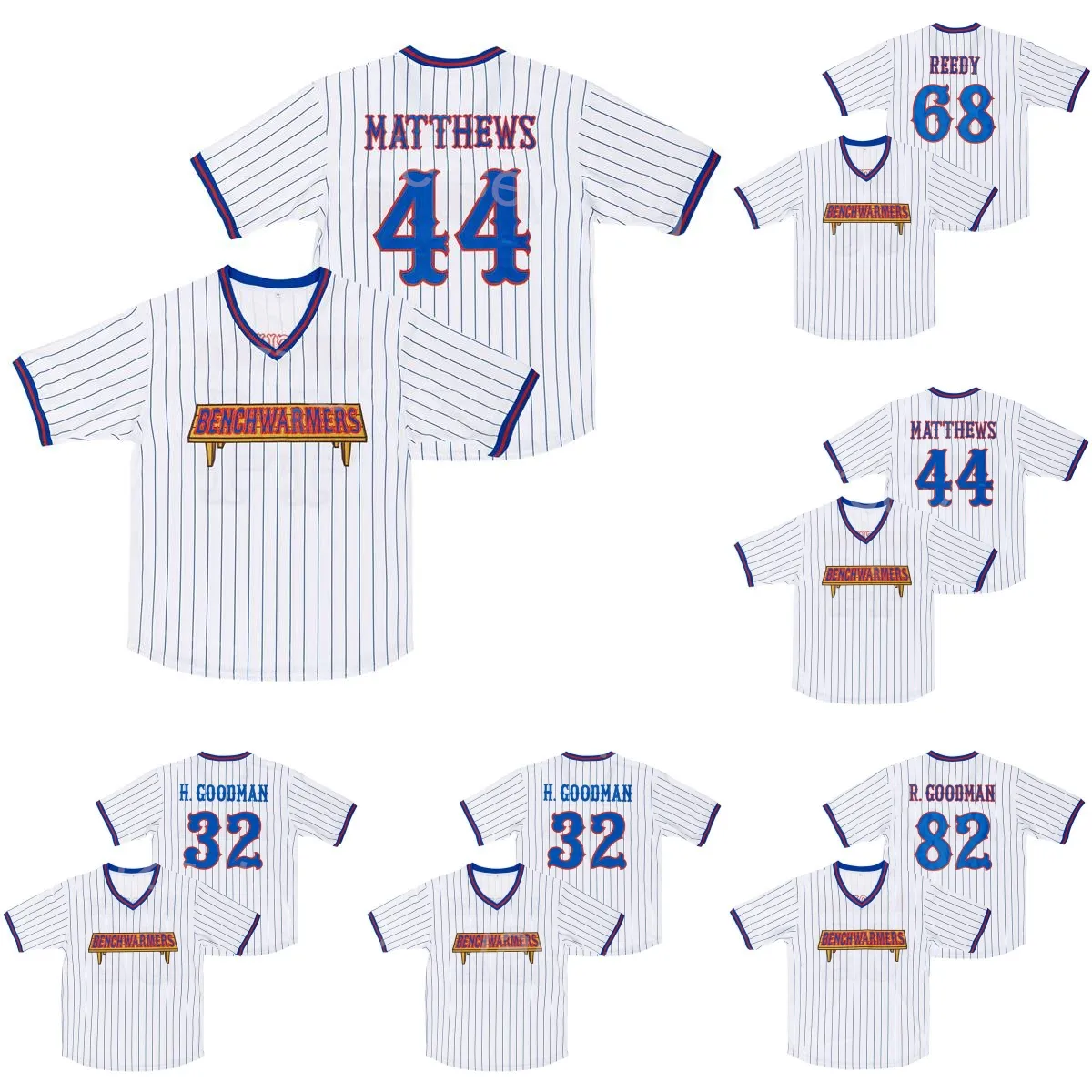 Moive Benchwarmers Baseball 32 Howie Goodman Jersey 44 Gus Matthews 68 Clark Reedy 82 Richie Goodman Pinstripe White All Stitched Pullover Cool Base College Team