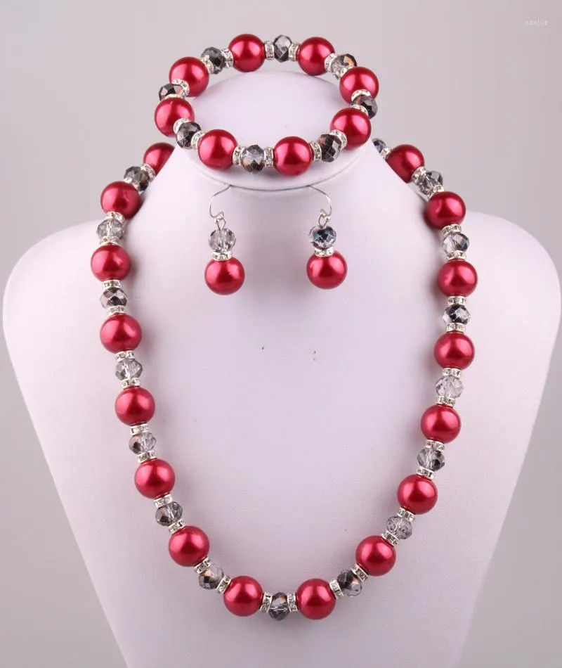 Halsbandörhängen Set 14mm röd pärla och 10 mm grå genomskinlig kristallglaspärlor armband örhänge smycken