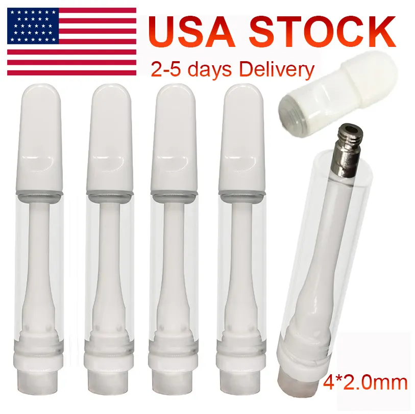 USA Stock Full Ceramic vagnar 1 ml tjock oljevit Vape-patroner Vita atomisatorer Tomma e-cigarettångvagar Vagnar platt skruv i spetsar Keramisk spole 510 Tråd Atomizer V22