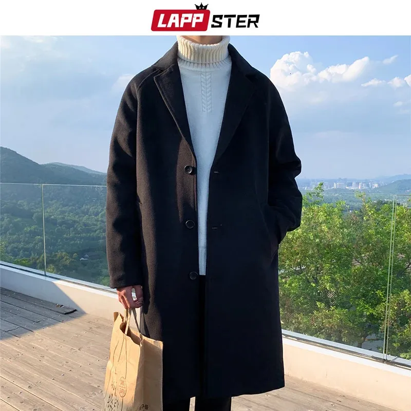 Mens Wool Blends LAPPSTER Men Korean Fashion Winter Jacket Coats Coat Oversized Harajuku Overcoat Male Japanese Streetwear Jackets 231120
