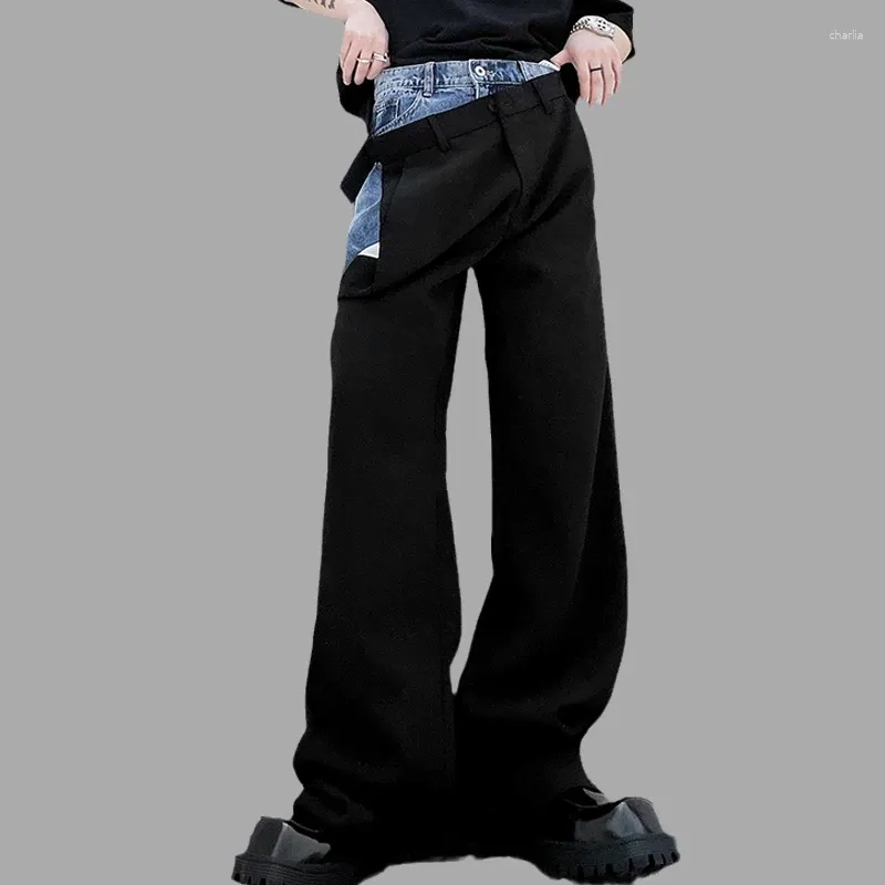 Мужские брюки, мужские прямые джинсовые лоскутные брюки для бега с эластичной резинкой на талии, уличная одежда на пуговицах, мужские брюки, мешковатые стильные повседневные длинные брюки
