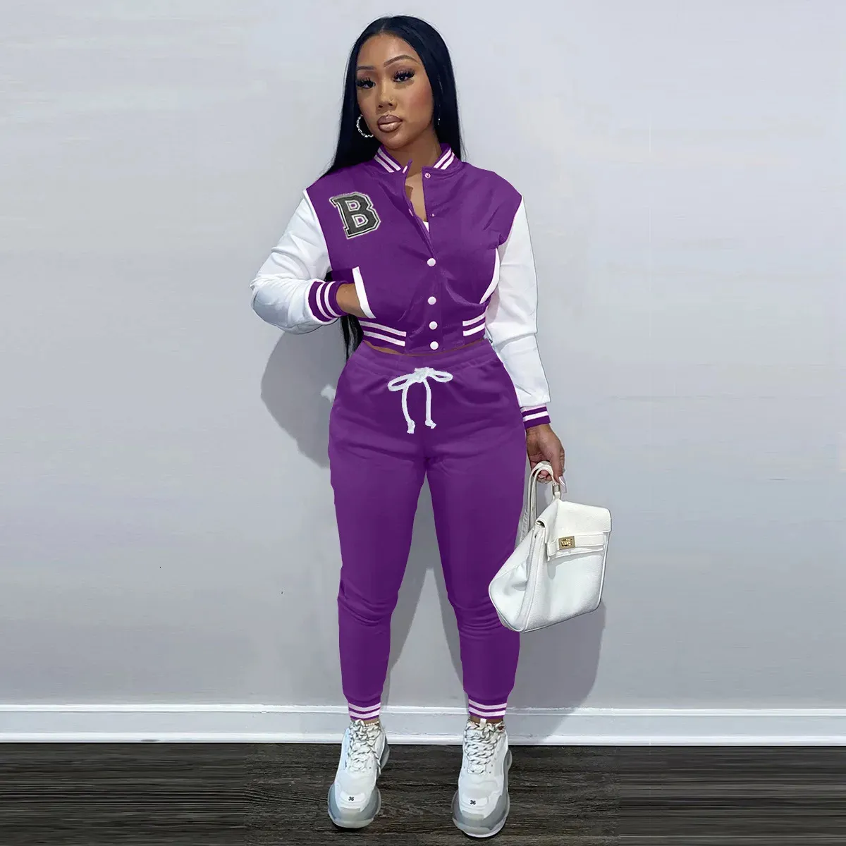 Pantalon de deux pièces pour femmes Baseball Sports Suit Automne Femmes Lettre Imprimer Patchwork Veste Outfit Cordon Ensemble Jogger Sweatsuit 231120