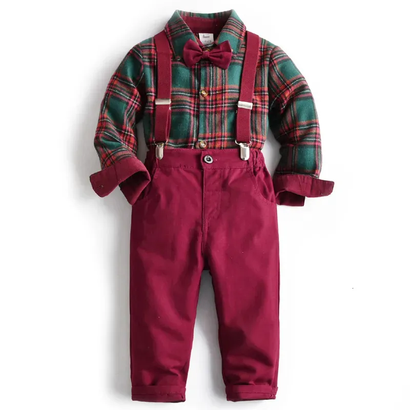 Ensembles de vêtements Garçon Costume de Noël Enfants Kid Outfit Anniversaire Bébé Garçon Vêtements Vert Rouge Plaid Infant Chemise À Manches Longues Pantalon Sangle Ensemble 231120