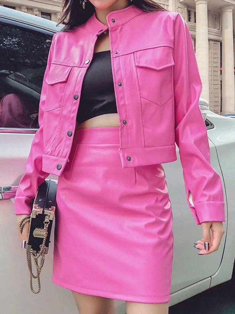 Dhgate Pink Leather Jacket And Skirt Set Women's Pink Faux Leather