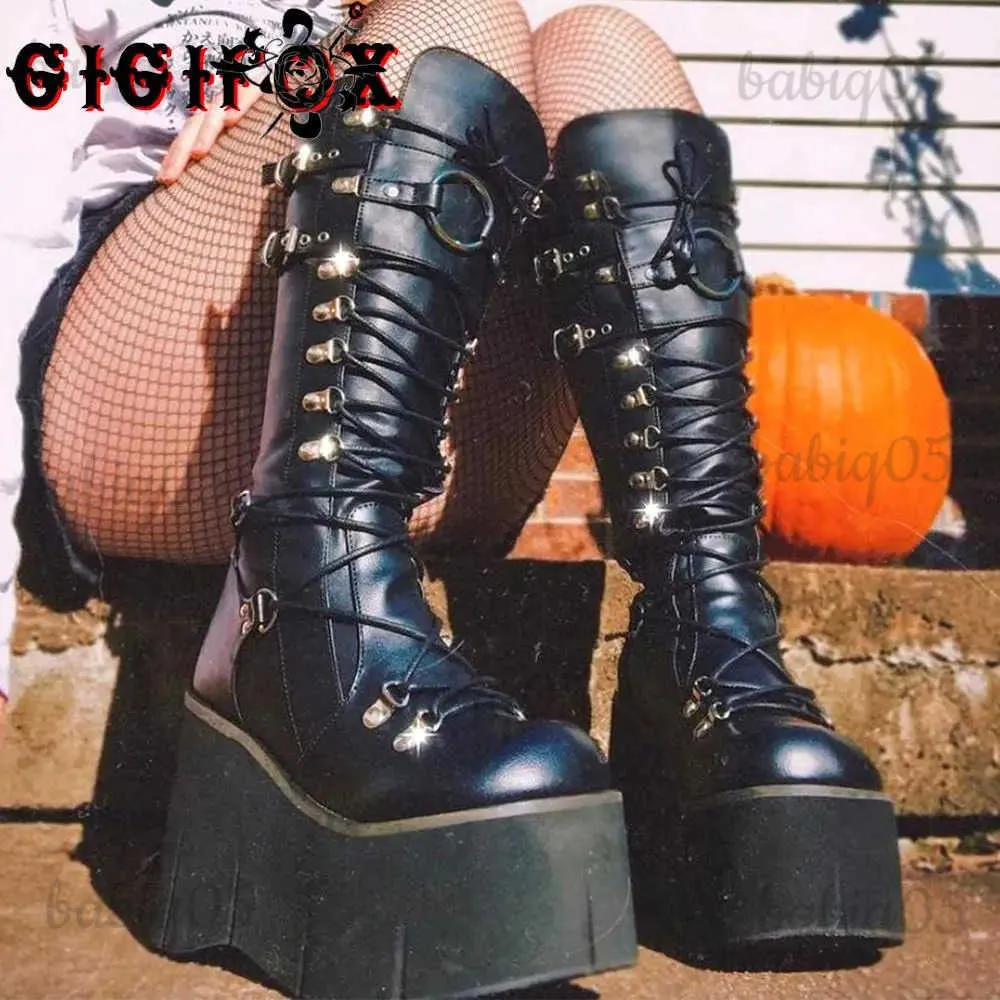 Stivali GIGIFOX Platform Gothic Stivali alti al ginocchio Scarpe per le donne Zip Cosplay Design Stivali da combattimento Inverno Punk Zeppe Scarpe da moto T231121