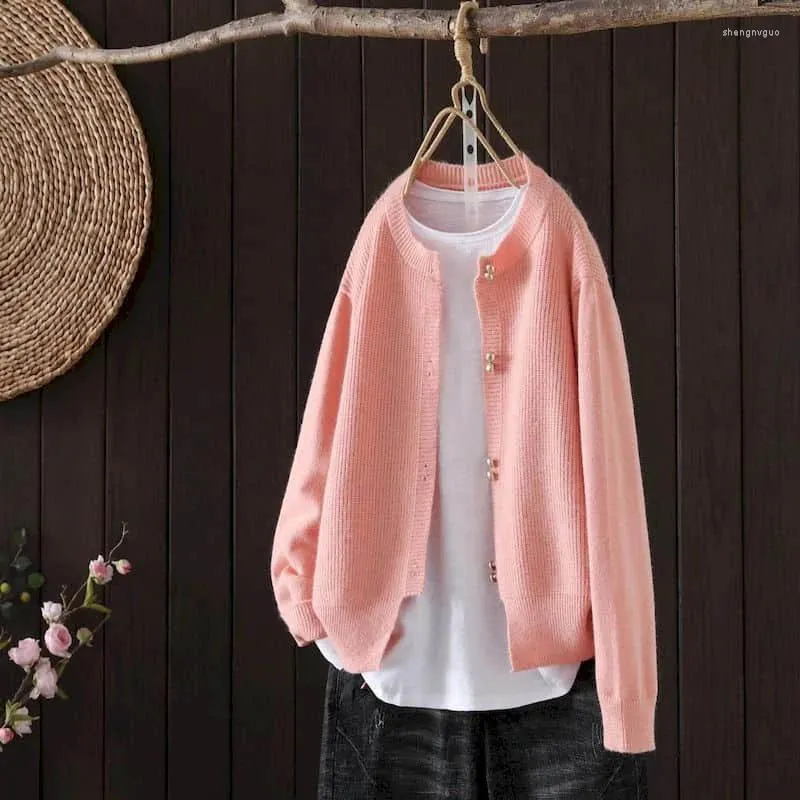 Women's Knits Sweaters Knitted Cardigan For Women Loose Casual Vintage Pearl Button Coats Autumn O-neck Korean Style Long Sleeve Tops