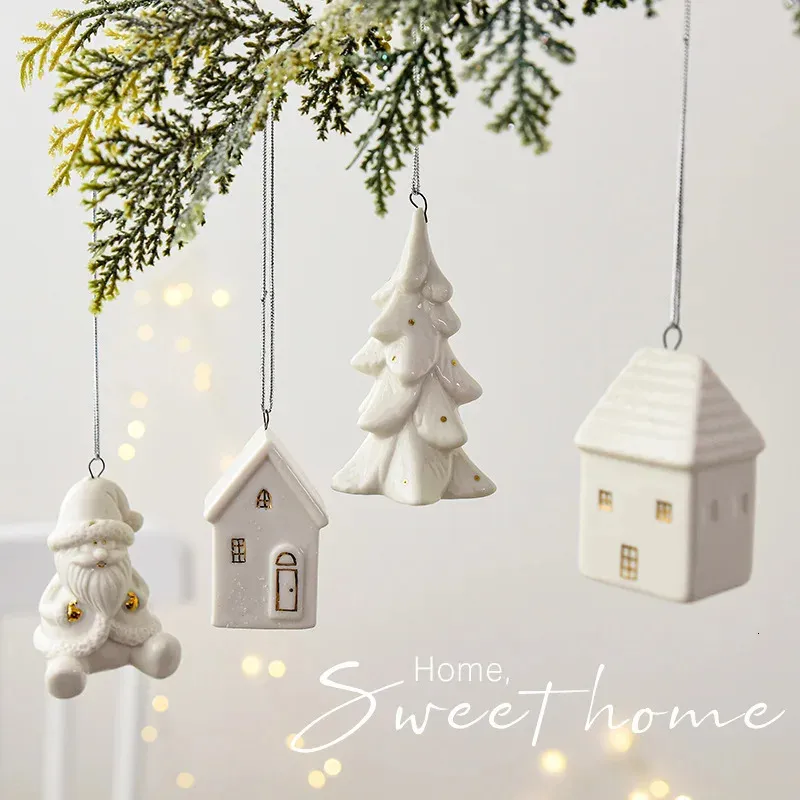 Christmas Decorations Nordic Ceramic Mini Snowy House Pendant Decoration Crafts Hollow Scene Layout Party 231120