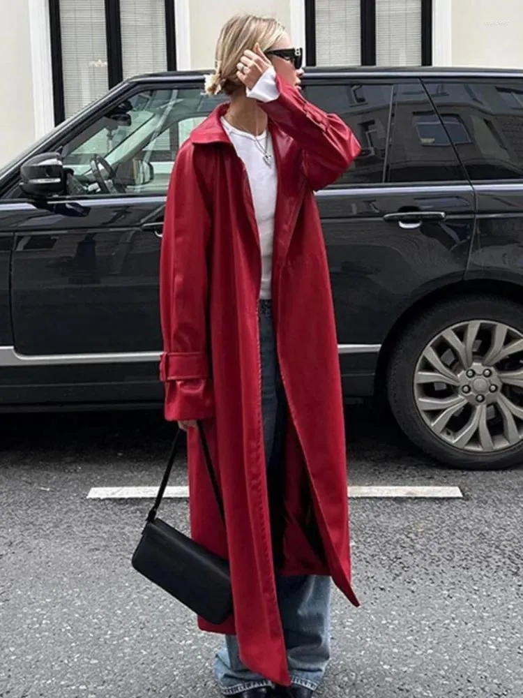 Trench-Coat Long en cuir rouge vin pour femmes, ample, manches décontractées, revers, pardessus de rue, Chic, vêtements d'extérieur de bureau, automne