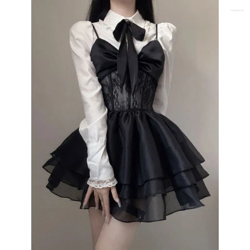Vestidos de trabalho preto renda lolita mini vestido conjunto branco arco camisa y2k estética roupas góticas coreano moda outono roupas femininas noite