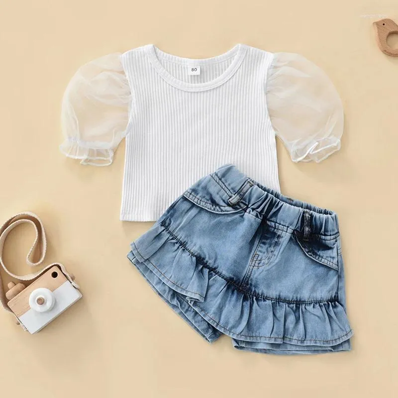 Conjuntos de roupas 2 pçs moda meninas roupas de verão roupa malha bolha-manga blusa de malha plissado denim shorts para crianças 6 meses a 4 anos