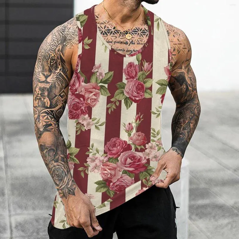 Men's Tank Tops Mens Top Fitness Casual Clothing 3d Hawaiian Striped Floral Printed Summer Sleeveless Shirt Bodybuilding Tanks Vest