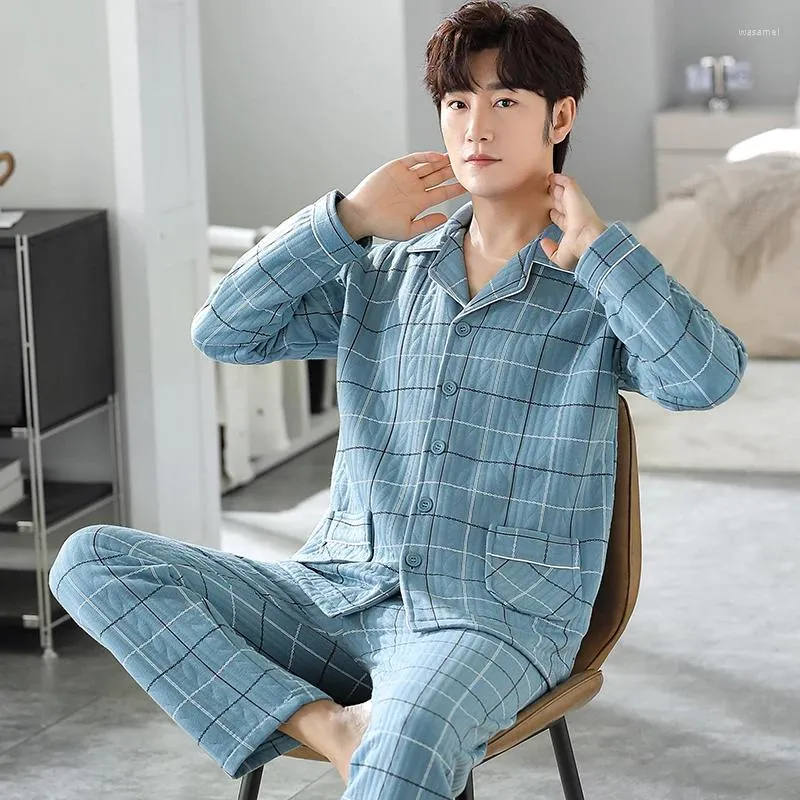 Men's Sleepwear Three Layer Thin Cotton Home Wear Cardigan Plaid Casual Comfortable Pajamas