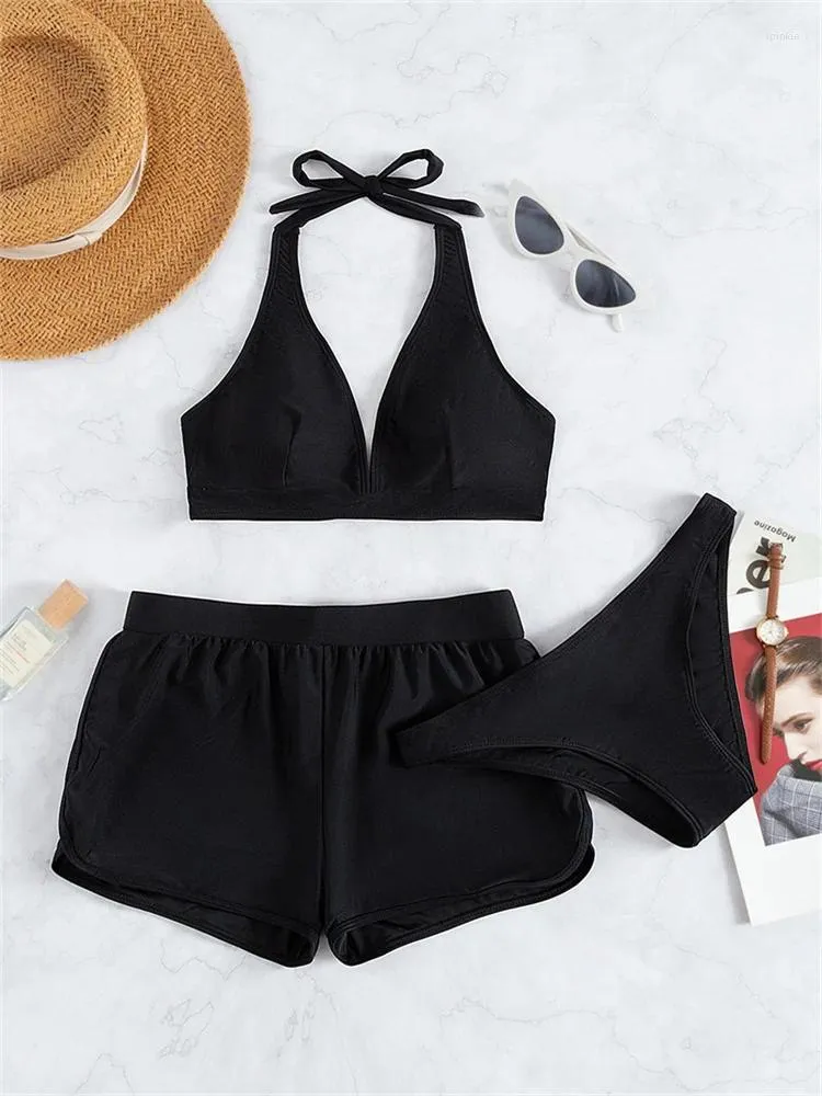 Kvinnors badkläder Kvinnor Swimsuit Bikini 2023 Tre stycken Solid Black High midjebaddräkt Kvinnliga shorts Summer Bikinis Set Beach