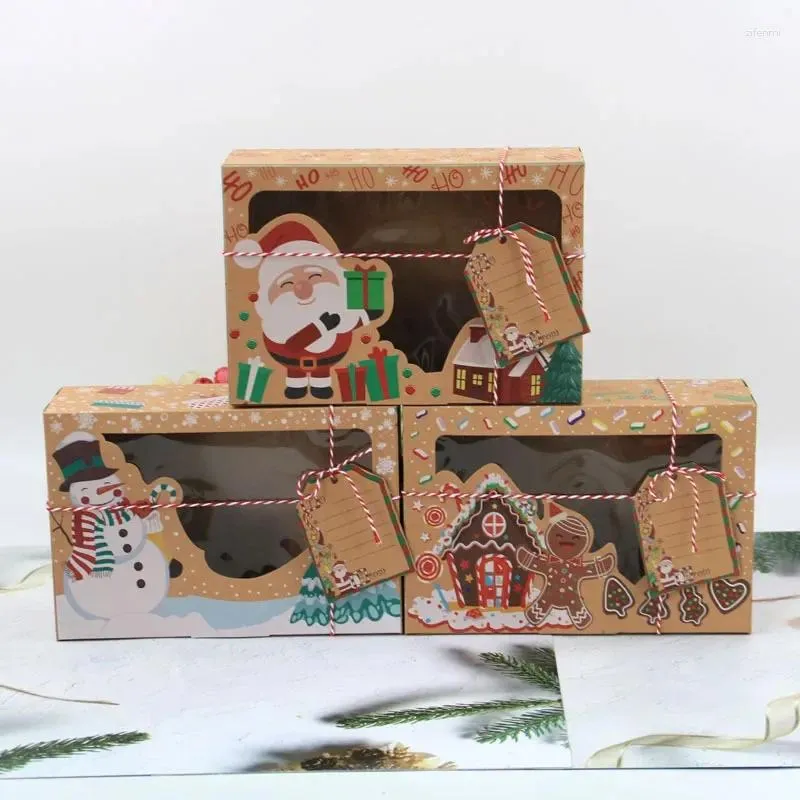 Decorações de natal caixas de doces de papel kraft feliz biscoito caixa de presente janela clara embalagem saco festa favor ano decoração