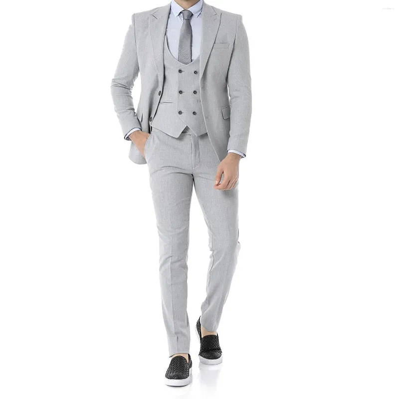 Trajes de hombre Blazer gris Hombres Slim Fit Solapa con muesca Un solo pecho Chaqueta de tres piezas Pantalones Chaleco Terno Masculinos Completo Ropa