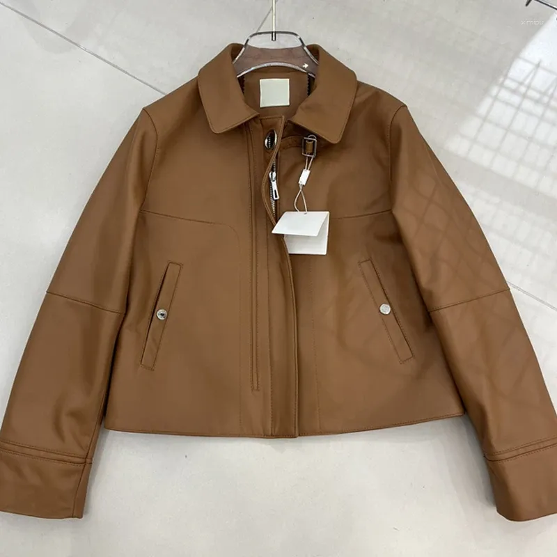 Manteau en cuir de mouton pur pour femmes, veste décontractée à revers avec fermeture éclair, Version haute, Vintage Biker court H